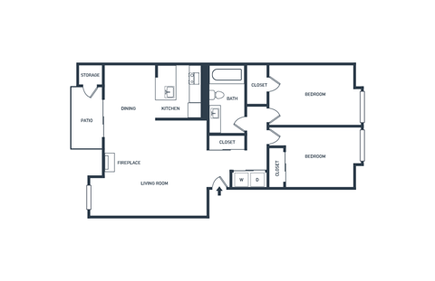 Floor plan for 2 beds, 1 bath, 878 sqft